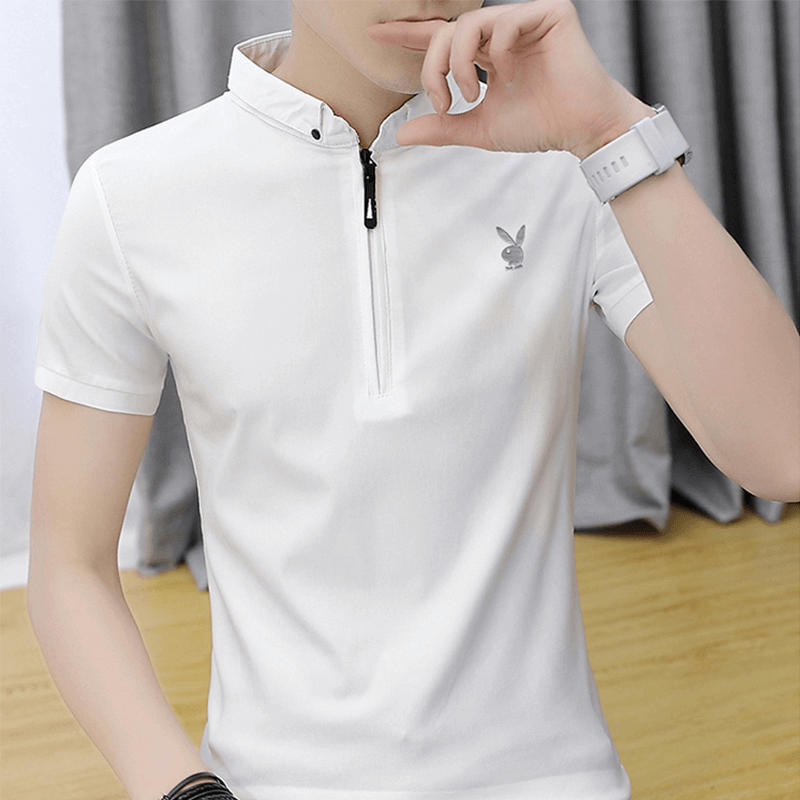 花花公子(PLAYBOY)短袖T恤男2023夏季冰丝T恤男士立领休闲POLO打底衫上衣纯色衣服