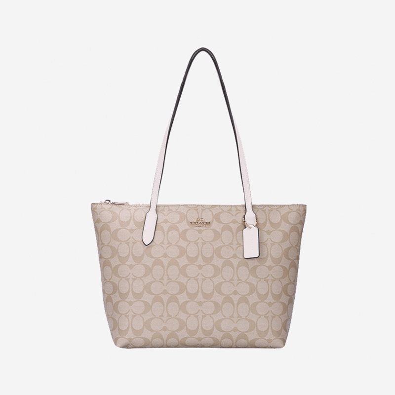蔻驰(COACH)七夕礼物 女士中号手提单肩托特包卡其白色PVC4455IMDQC